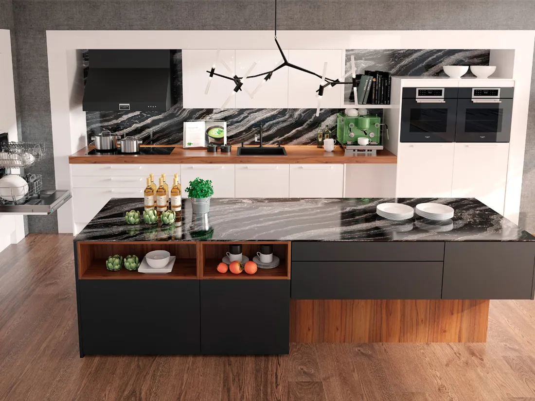 Designküche in Weiß, Schwarz und Holzoptik mit zentraler Kücheninsel