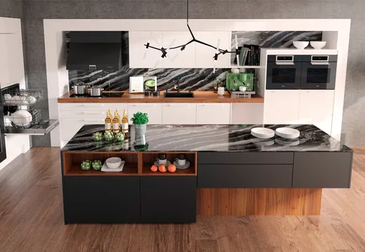 Designküche in Weiß, Schwarz und Holzoptik mit zentraler Kücheninsel
